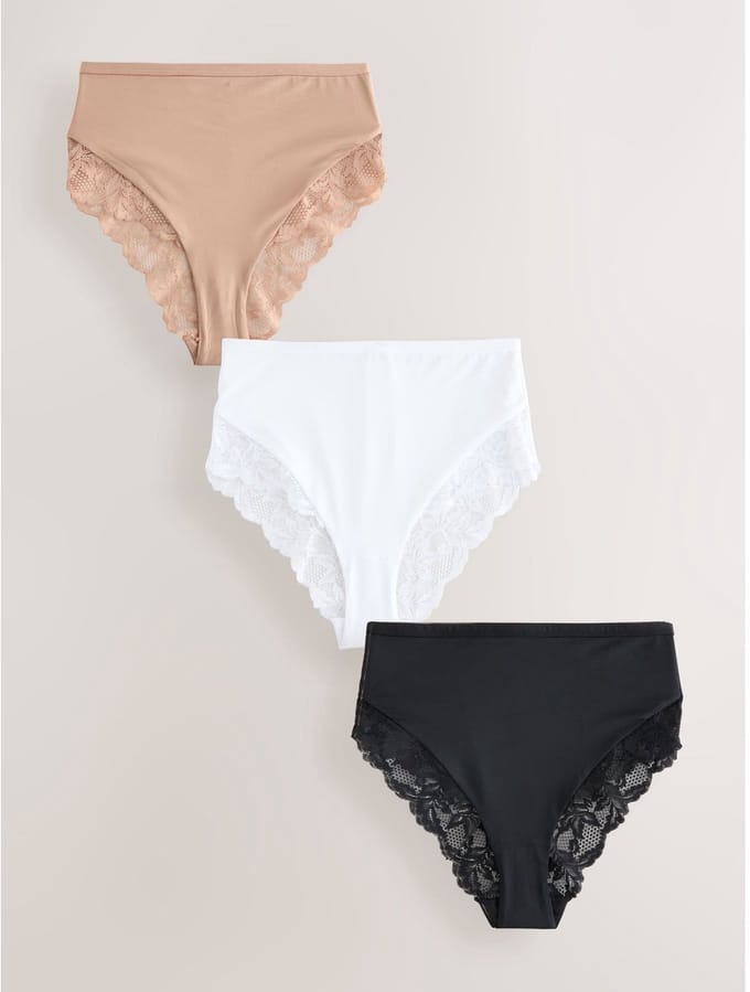 Next - Dames - Set van 3 hoog uitgesneden slips met hoge taille met microvezel en kant - Zwart