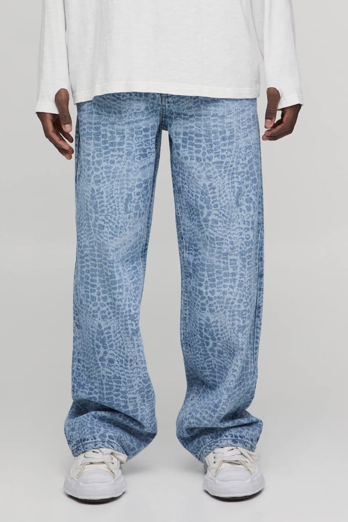 Croc Print Relaxed Fit Jeans | Mid Blue | Size 48