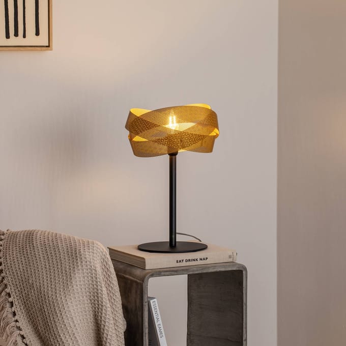 Domiluce Tafellamp Tornado, zwart/goud, metaal, Ø 26 cm, E14