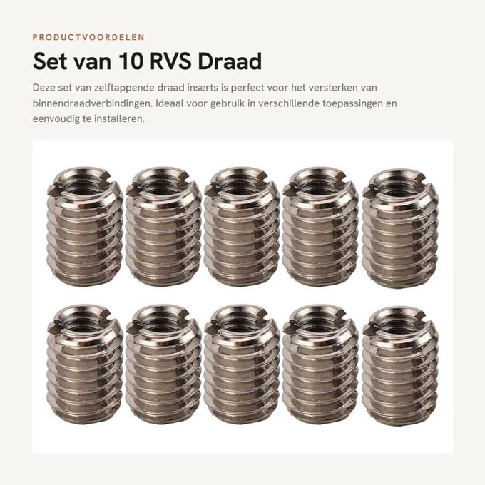 Dailygoods- Draadinsert 10 Stuks - RVS - Zelftappende Schroefdraad - Binnendraad M4x0.7 - Buitendraad M6x1.0 - 8mm Lengte - Schroefdraadinsert