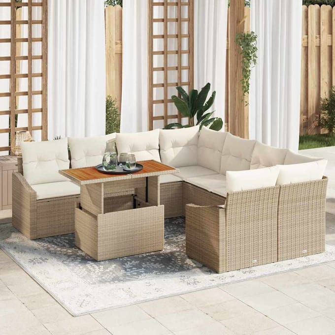 vidaXL Tuin Eettafel Set met kussen 9 pcs Beige en Crème