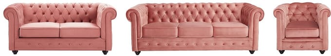 Vente-unique Drie- en tweezitsbank en fauteuil van pastelroze velours CHESTERFIELD