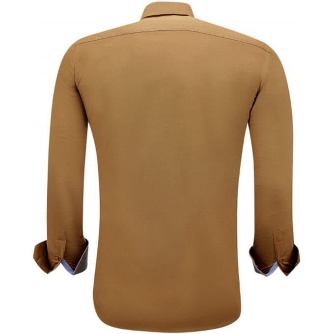 Heren Zakelijke Blouse Lange Mouw - Nette Slim Fit Overhemd - Bruin