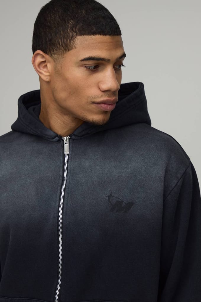 Oversized Boxy Ombre Wash M Ster Ritssluiting Hooded Jort Trainingspak | Black | Size Medium