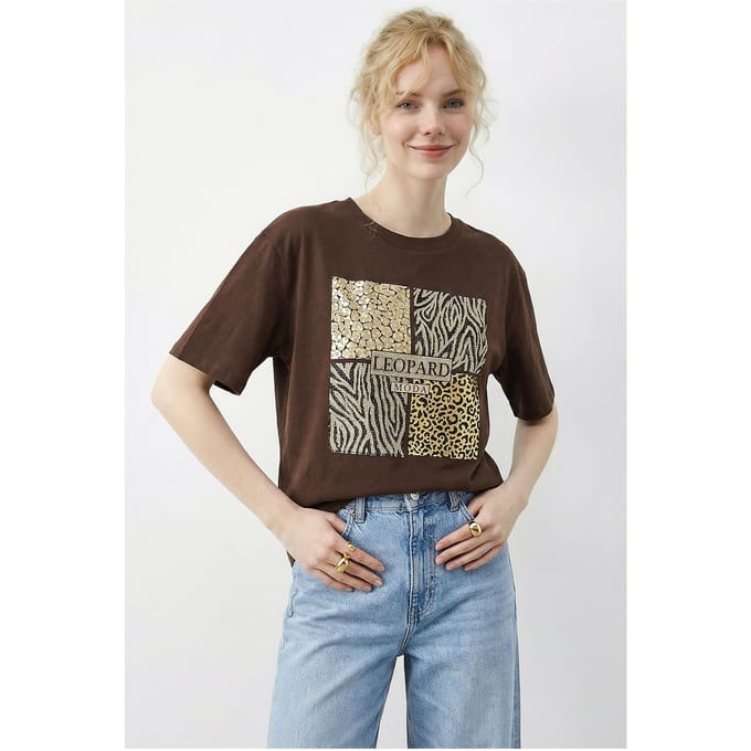 Leeuwenhuid Print Sequin Crew Neck T-shirt