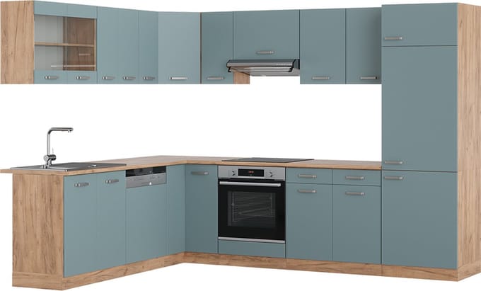Vicco Hoekkeuken R-Line, Blauw-grijs/Goudkleurig Eiken, 287 x 227 cm, WB Eik