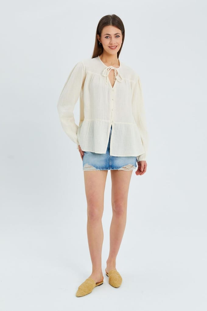 Lange Mouwen Losse Blouse met Strikhals