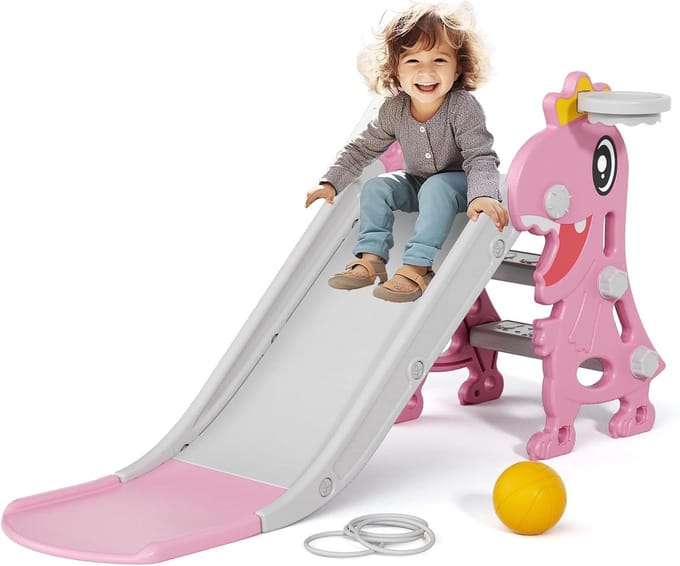 Glijbaan Peuter - Vrijstand met Trap - Buiten - Grijs met Roze