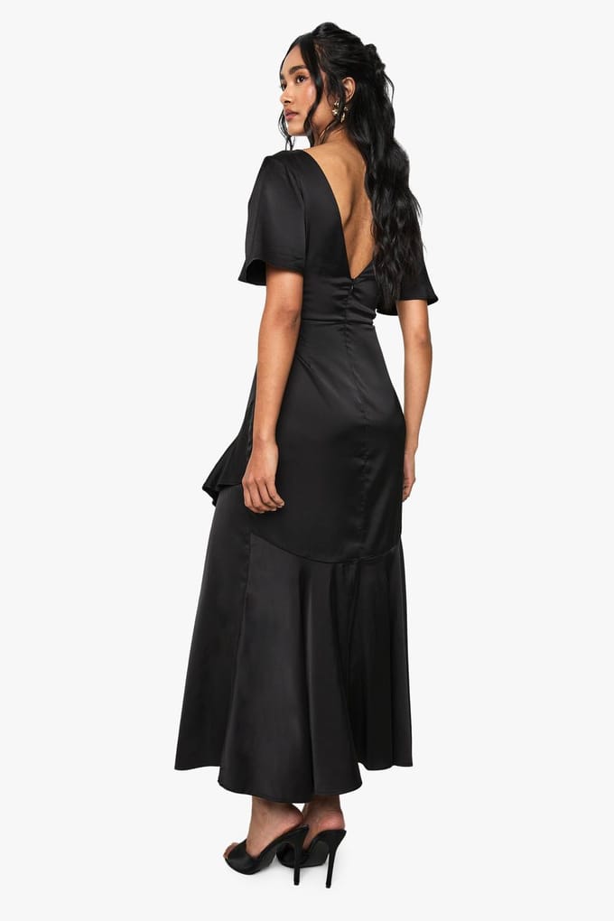 boohoo Dames Satijn Angel Sleeve Midaxi Jurk | Black | Maat: 10