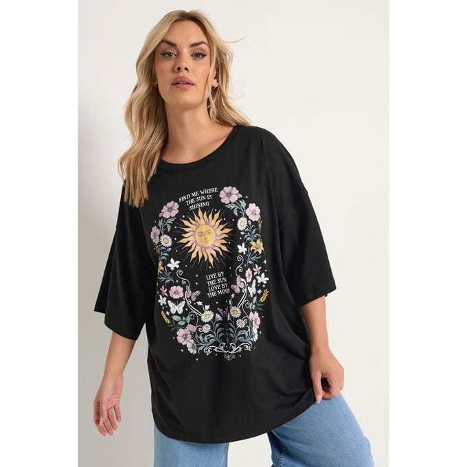 Yours Zwarte Tshirt Met Bloemen En Zonnemotief Size 44