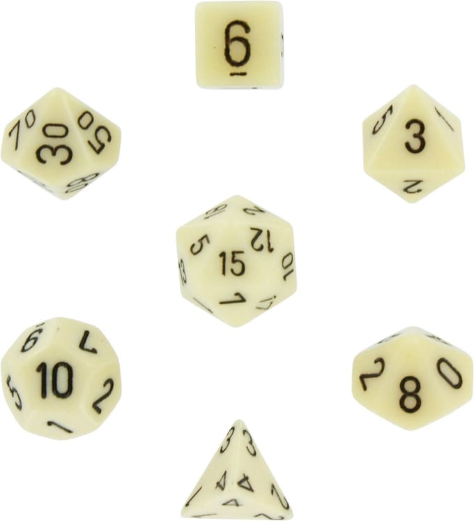 Chessex Opaque Ivoor Zwart Polydice Dobbelsteen Set 7 stuks.