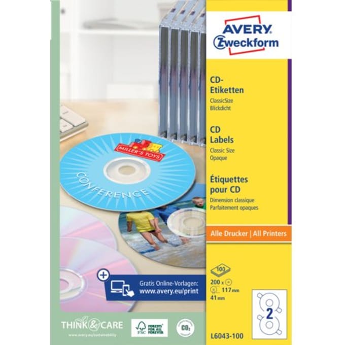 Etiket avery zweckform l6043-100 cd wit 200stuks