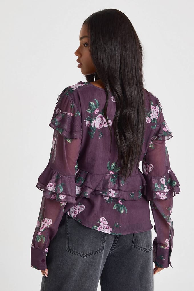 boohoo Dames Florale ruche chiffonblouse | Plum | Maat: 6