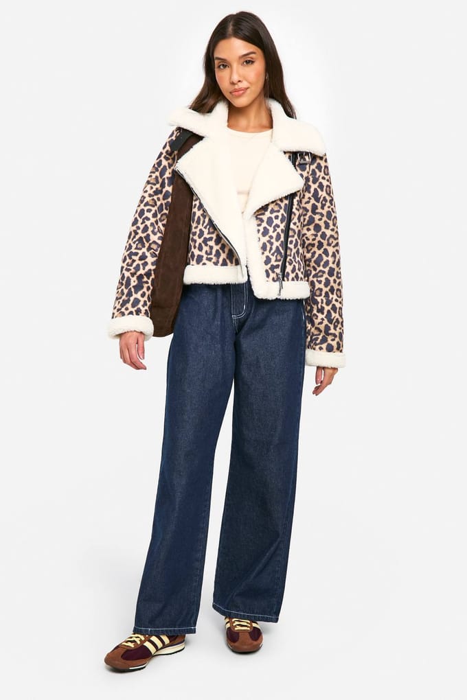 boohoo Dames Leopard Print Cropped Aviator Jas met Luipaardprint | Maat: 8