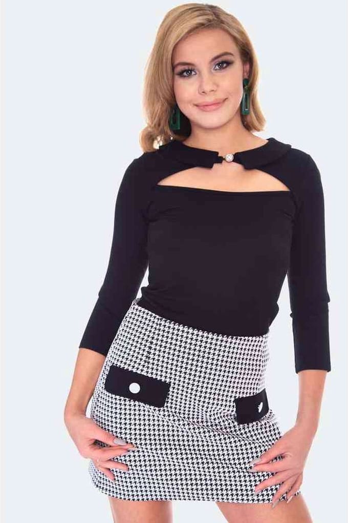 Voodoo Vixen - 60s Style Cut Out Collared Top - M - Zwart