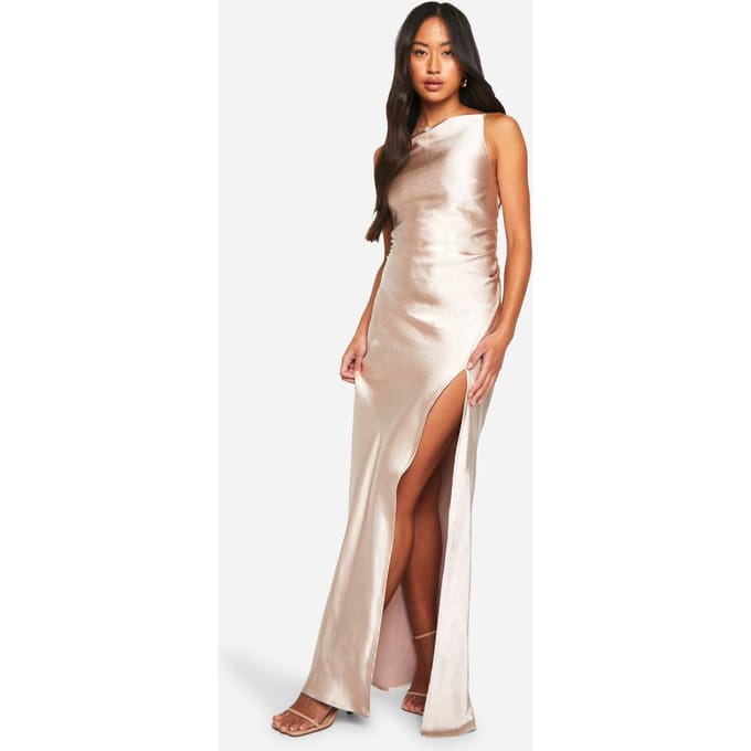 boohoo Dames Bruidsmeisje Satijn Open Hals Maxi Jurk | Oester | Maat: 42