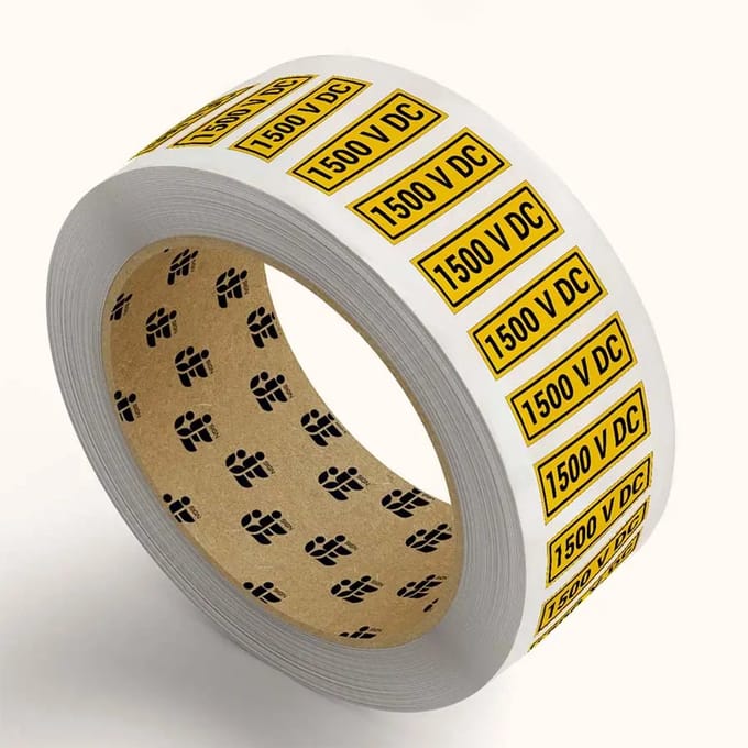 1500 V DC volts stickers op rol | 9 x 3 cm - 265 stickers per rol