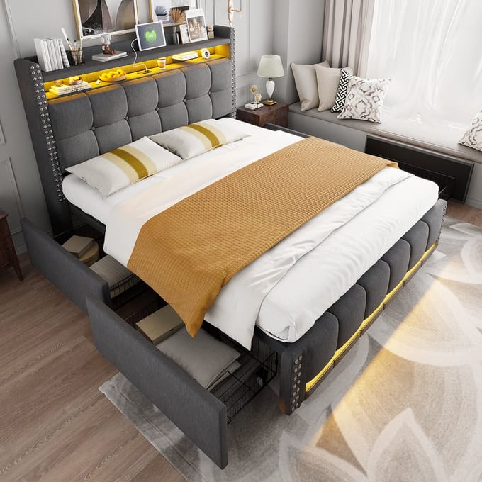 Gestoffeerd Bed - 160x200 cm - met LED, USB en 4 Laden - Linnen - Grijs