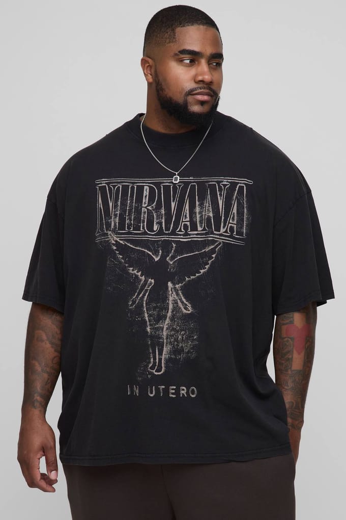 Plus Oversized Nirvana License Acid Wash Print T-Shirt | Acid Wash Black | Size 4XL