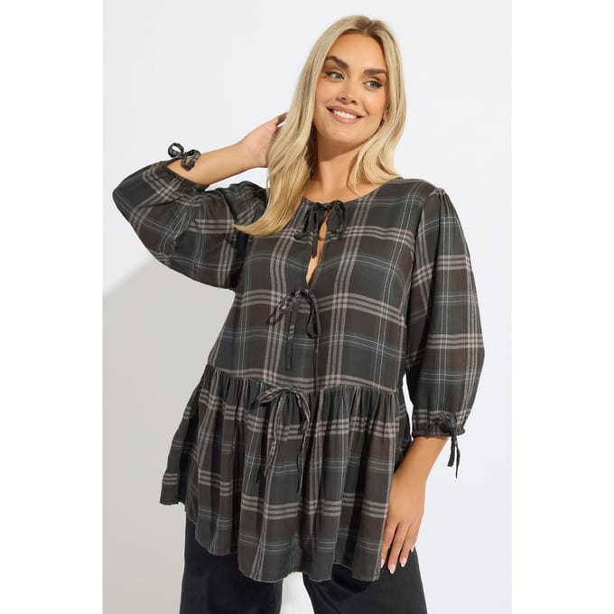 Yours Bruin Geruite Top Met Strik Aan De Voorkant En Peplum Size 46