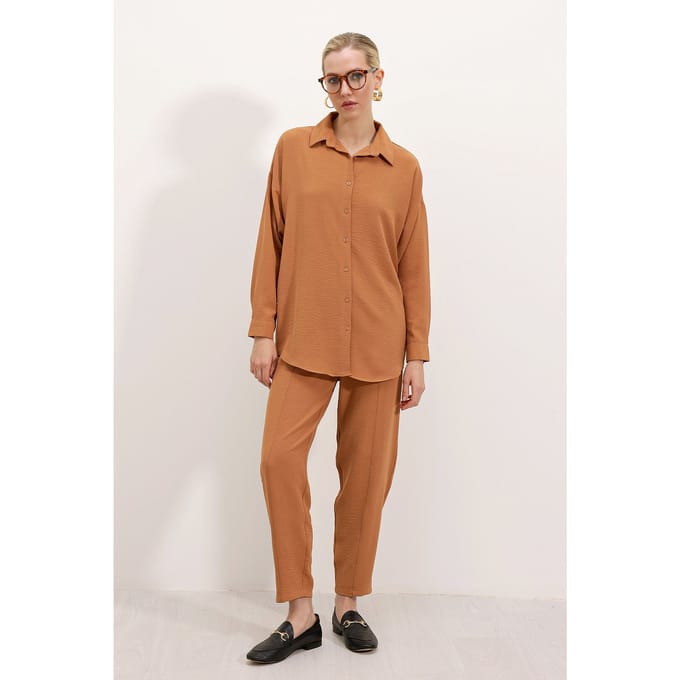Oversized Getextureerde Seersucker Twee-Delige Set met Shirtkraag