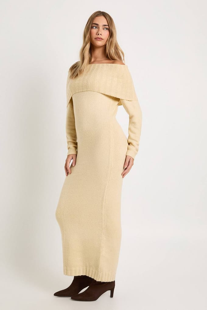 boohoo Dames Premium Oversized Bardot Halslijn Maxi Jumper Jurk | Stone | Maat: Medium