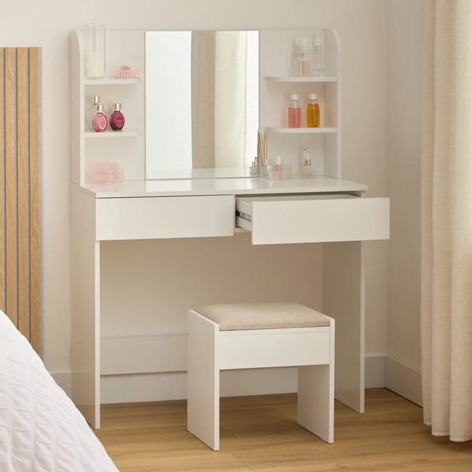 5Five Kaptafel met spiegel en Krukje - 90x40x125cm - Wit