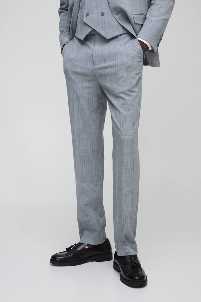 Straight Fit Tonal Check Tailored Trouser | Light Grey | Size 30