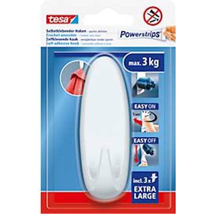 tesa Powerstrips haak XL ovaal - wit - herbruikbare wandhaak - zonder boren - 1 haak + 3 Powerstrips