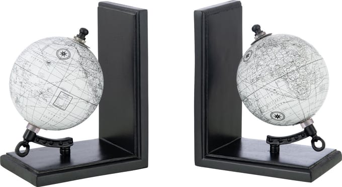 J-Line boekensteun Wereldbol - hout - grijs/zwart - set van 2