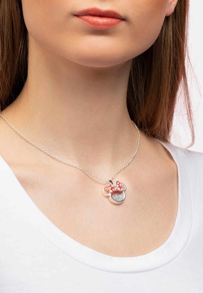 Disney Minnie Silver Plated October Brass with Red enamel Bow Birthstone Floating Stone Necklace