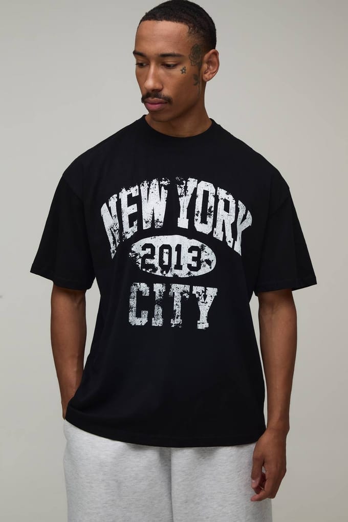 Oversized New York Varsity Print T-shirt | Black | Size Medium