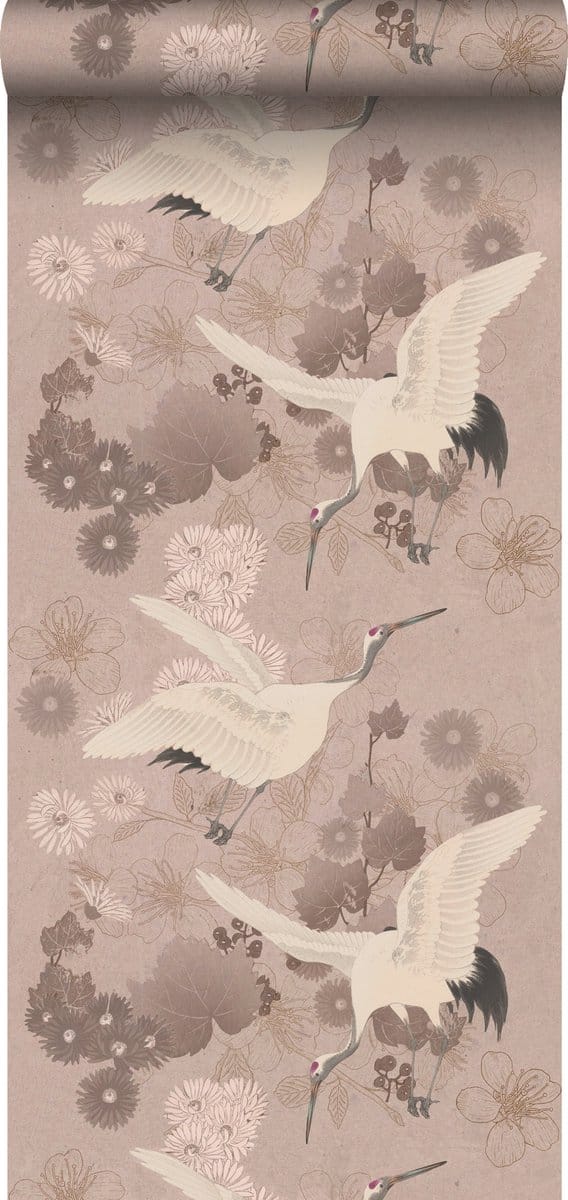 ESTAhome behang kraanvogels grijs roze - 50 x 900 cm - 139582
