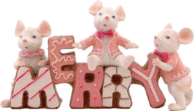 Viv! Christmas Kerstbeeld - 'Merry' Muizen - pastel roze - 23x12cm