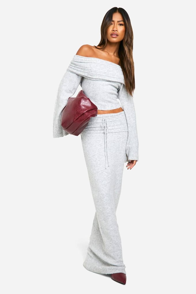 boohoo Dames Rib Edge Soft Knit Bardot Trui | Grey | Maat: Medium