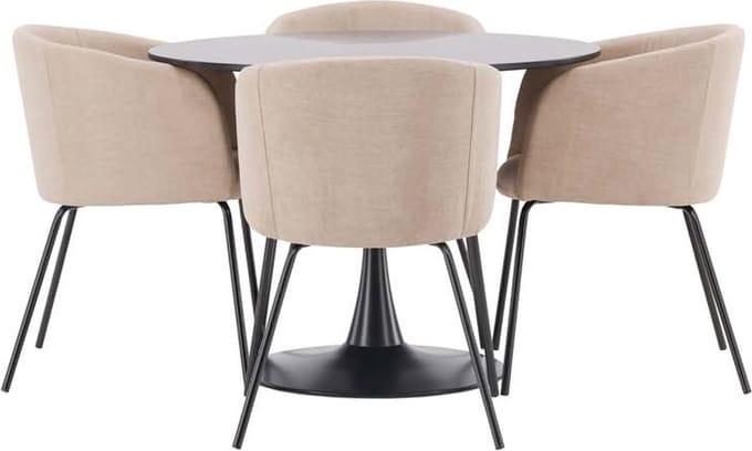 Glade eethoek tafel zwart en 4 berit stoelen beige.