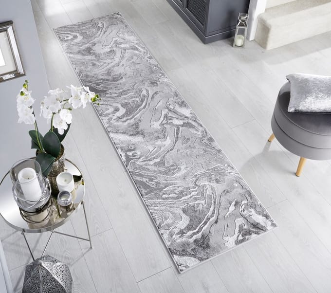 Flycarpets Loper Modern Vloerkleed - Marbled - Laagpolig - Marmer - Zilver - 60x230 cm