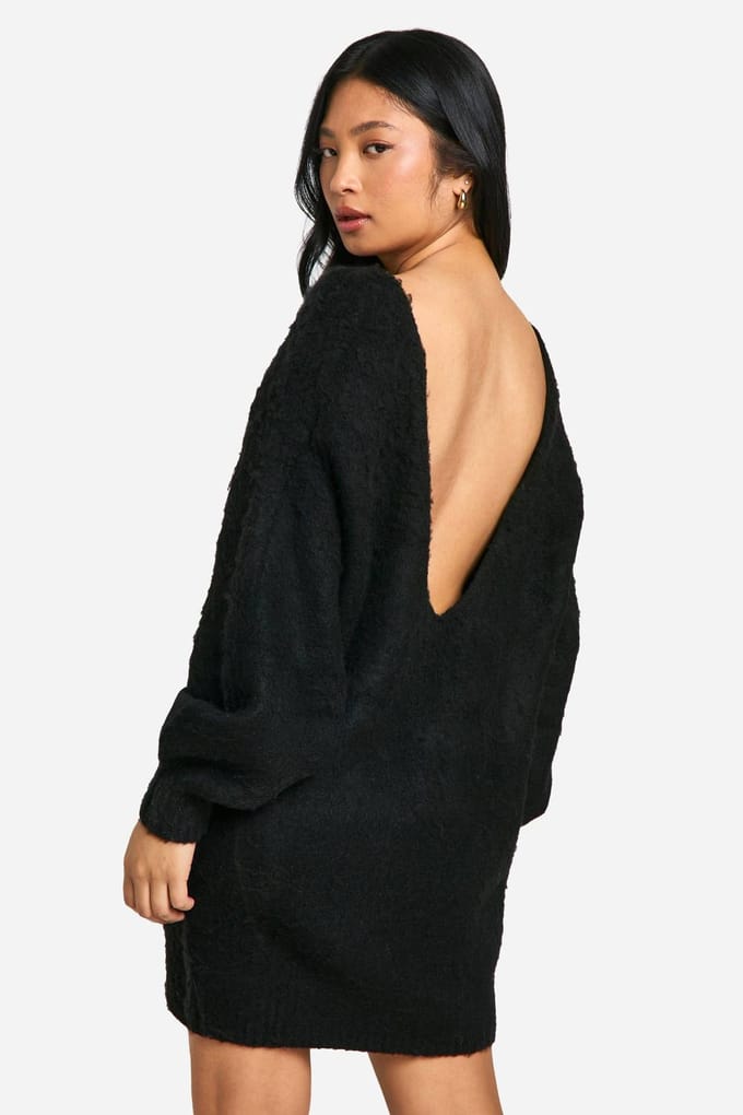 boohoo Dames Petite Geborstelde Low Back Oversized Jumper Jurk | Black | Maat: Medium