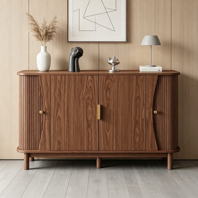 Clruro Dressoir - 140 x 40 x 88 cm - met schuifdeuren en reliëffront - MDF - Walnoot