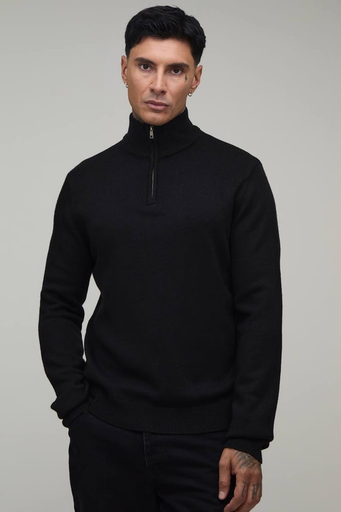 Tall Regular Fit 1/4 Rits Gebreide Trui | Black | Size Small