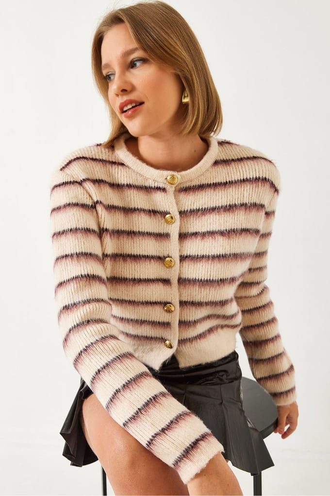 Gestreepte Knopen Cropped Cardigan