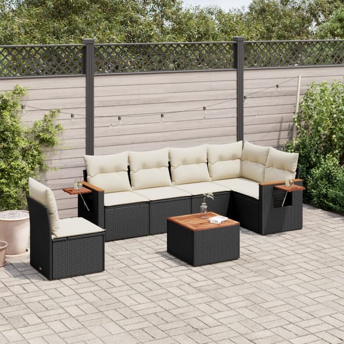 vidaXL - 7-delige - Loungeset - met - kussens - poly - rattan - zwart
