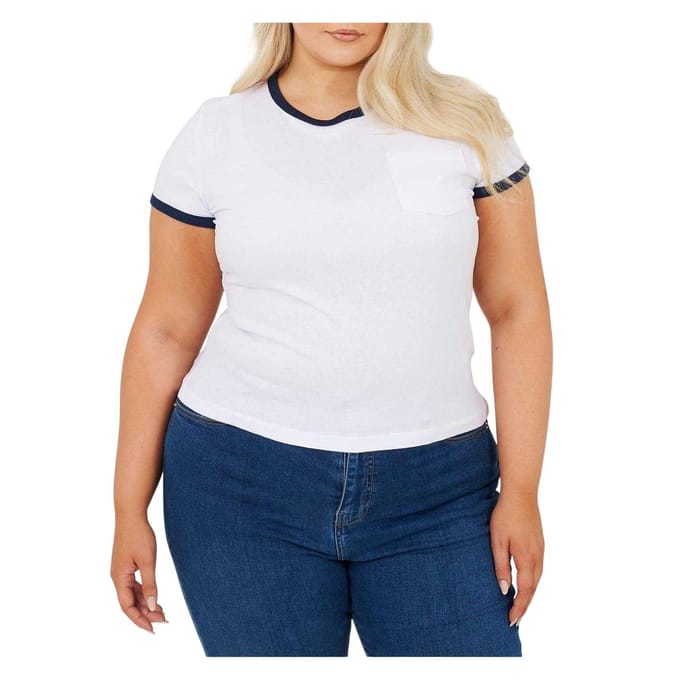 Brave Soul Dames/Dames Contrast Detail Plus T-shirt (Wit, Marine)