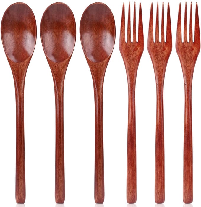 Dailygoods- Houten Lepel 22,5cm - Houten Vork 22,5cm - Set van 6