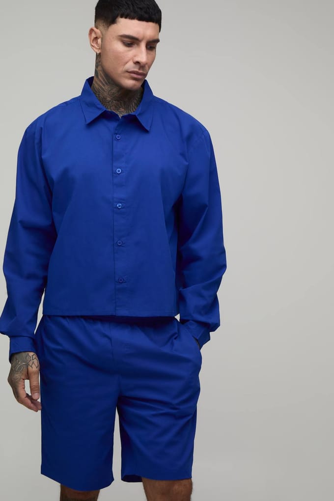 Lang Gecropte Boxy Oversized Shirt & Baggy Short Set | Cobalt | Size XL