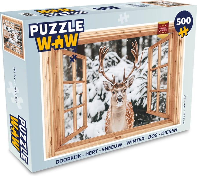 Puzzel Doorkijk - Hert - Sneeuw - Winter - Bos - Dieren - Legpuzzel - Puzzel 500 stukjes