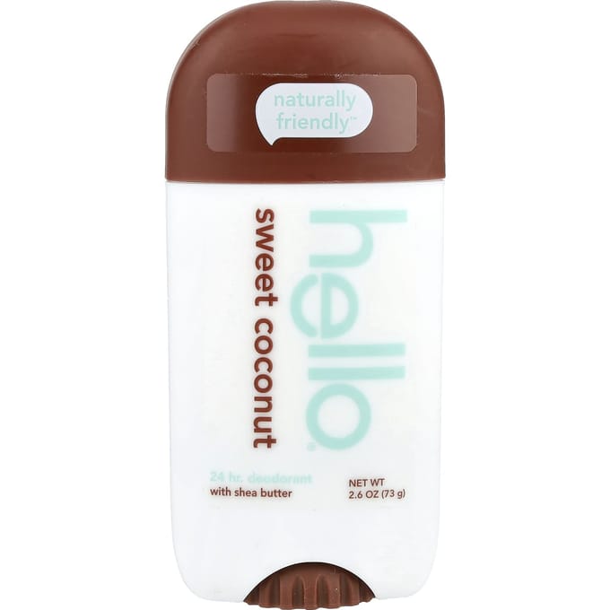 Hello, 24-hour deodorant, with shea butter, sweet coconut, 73 g (2.6 oz) white