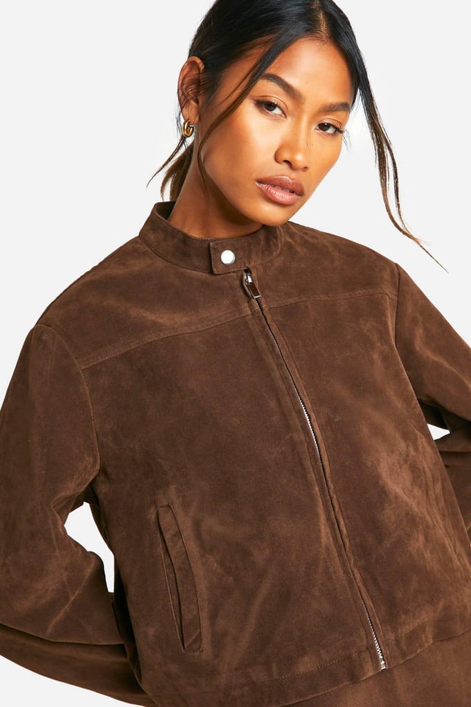 boohoo Dames Vintage Suede Look Jas met Ritssluiting | Chocolate | Maat: 8