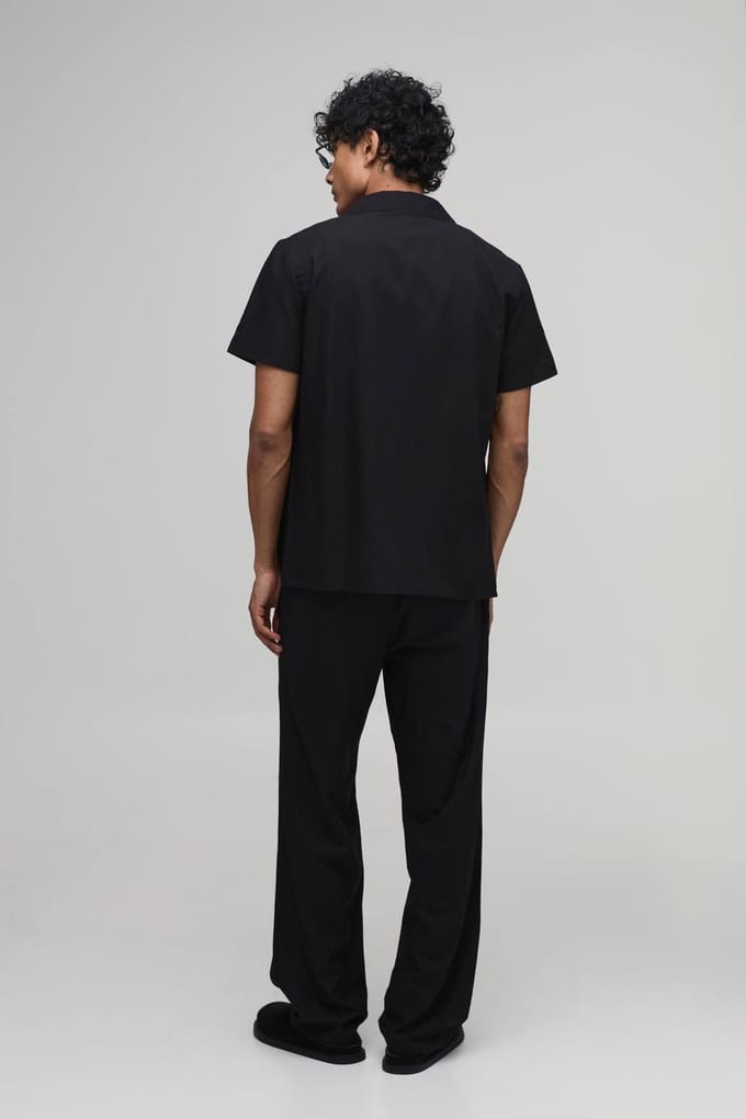 Regular Fit Linnen Blend Overhemd Met Korte Mouwen | Black | Size Medium