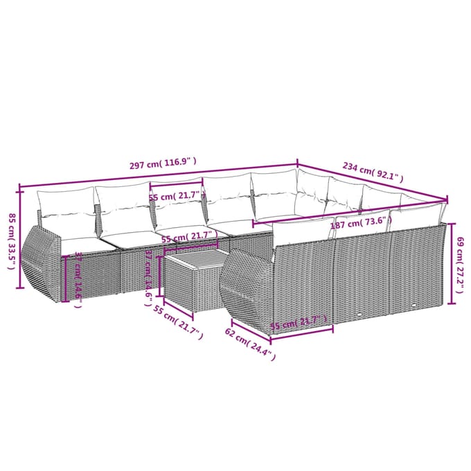 vidaXL - 11-delige - Loungeset - met - kussens - poly - rattan - zwart